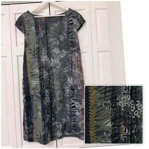 100% Linen TG.U Midi Dress Made in Italy Cap Sleeves Animal Print Small Safari